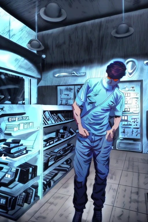 Best Quality, Masterpiece, Ultra High Resolution, Pharmacy Background, 1 Person, Solo, Man in Dilapidated Pharmacy, Taking Medicine, Man Full of Medicine Bottles, Short Black Hair, Facial Hair, Doom, Solo, Lighting, Light, Dynamic Angle, Depth of Field, Wasteland Punk, Ruins, Doom, Biochemical Infection, Dirty and Messy, Shabby