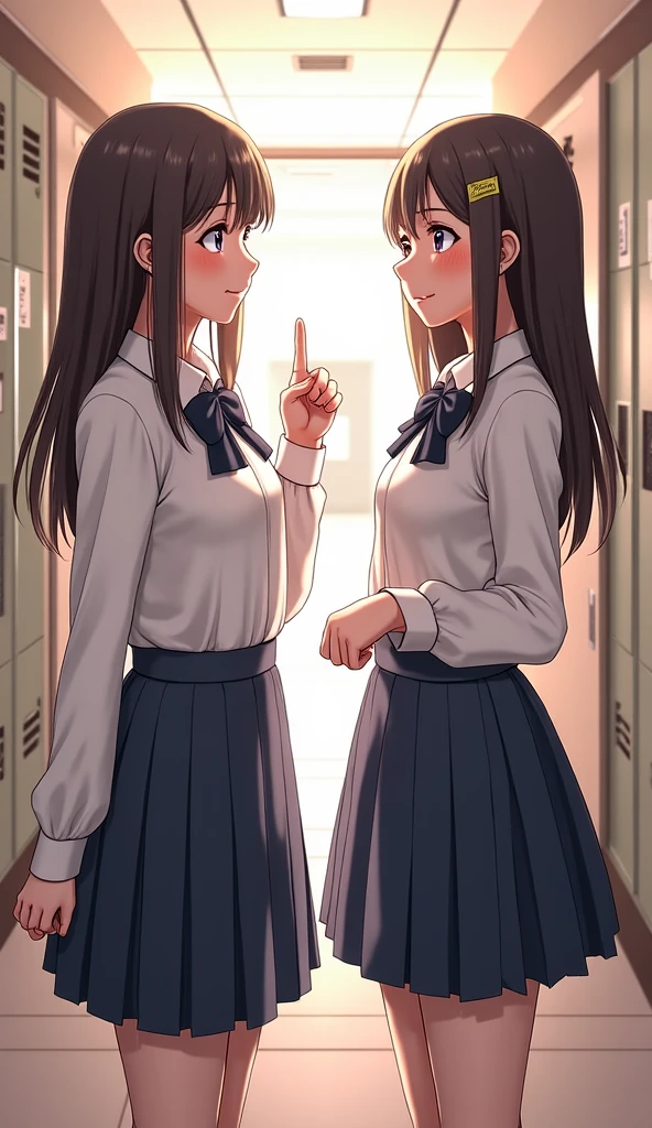 2 girl students talking in front their blackboard in room with their bags and books