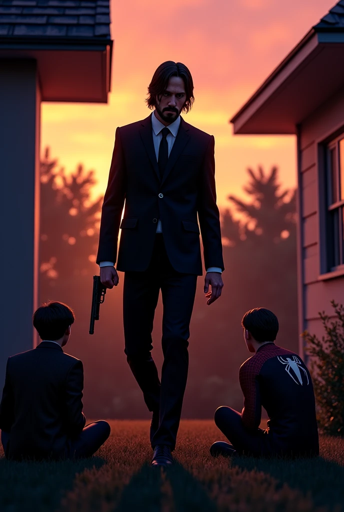 A highly detailed 3D-style scene of John Wick stepping into the garden of a normal suburban house during twilight, his silhouette sharp against the fading orange and purple sky. He is dressed in his iconic black suit, slightly wrinkled from recent action, with a calm yet deadly expression on his face. He holds a pistol lowered in one hand, the other relaxed at his side, radiating intense focus and control. Nearby, Spider-Man sits on the ground looking up at him, surprised but hopeful. The two criminals freeze in place, sensing the sudden shift in power. The garden is tense and quiet, the atmosphere thick with anticipation as John Wick’s presence instantly changes the balance of the scene.

