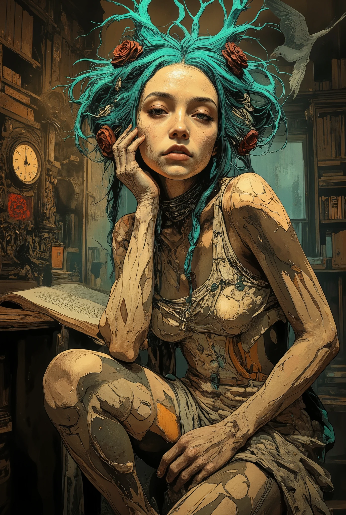 a beautiful young skeletal girl,a fascinatingly beautiful zombie, in a dress and roses in her hair, elongated proportions, half-closed eyes, pale skin with cracks like in old frescoes, disheveled hair with geometric strands resembling tree roots,Electrostatic effect on hair: +30%, her clothes are an amorphous silhouette — something It's a cross between a vintage dress and armor. The background is a gloomy dark library, blurred bookshelves with flying pages, dead birds, and a broken clock.cracked German Gothic letters around the edges (for example, "Die Unbekannte"). Rough, almost etching brushstrokes, a combination of soft watercolor and sharp black contours. Muted ochre, dark green and blood red tones with patches of bright accents (for example, turquoise). Biopunk, horror, rococo steampunk. The author's concept art is fantasy art in the style of works by Stefan Gesell. Digital watercolor + grunge textures. Mix of Egon Schiele's portraits and Otto Dix's rawness."8k, 16k, detail