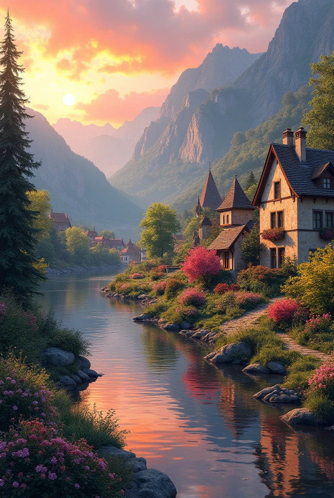 A small town by the river, mountains in the background, colorful floral flowers, detailed landscape, beautiful natural landscapes, atmospheric lighting, scorching sunset, warm colors, practical, photographic, detailed foliage, complex buildings, cobblestone street, charming country house, vibrant colors, lush vegetation, reflections in the water,  picturesque, idyllic, artwork, best quality, 8K, extremely detailed, anime style