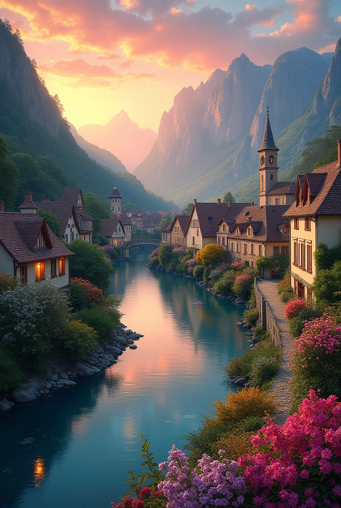 A small town by the river, mountains in the background, colorful floral flowers, detailed landscape, beautiful natural landscapes, atmospheric lighting, scorching sunset, warm colors, practical, photographic, detailed foliage, complex buildings, cobblestone street, charming country house, vibrant colors, lush vegetation, reflections in the water,  picturesque, idyllic, artwork, best quality, 8K, extremely detailed, anime style