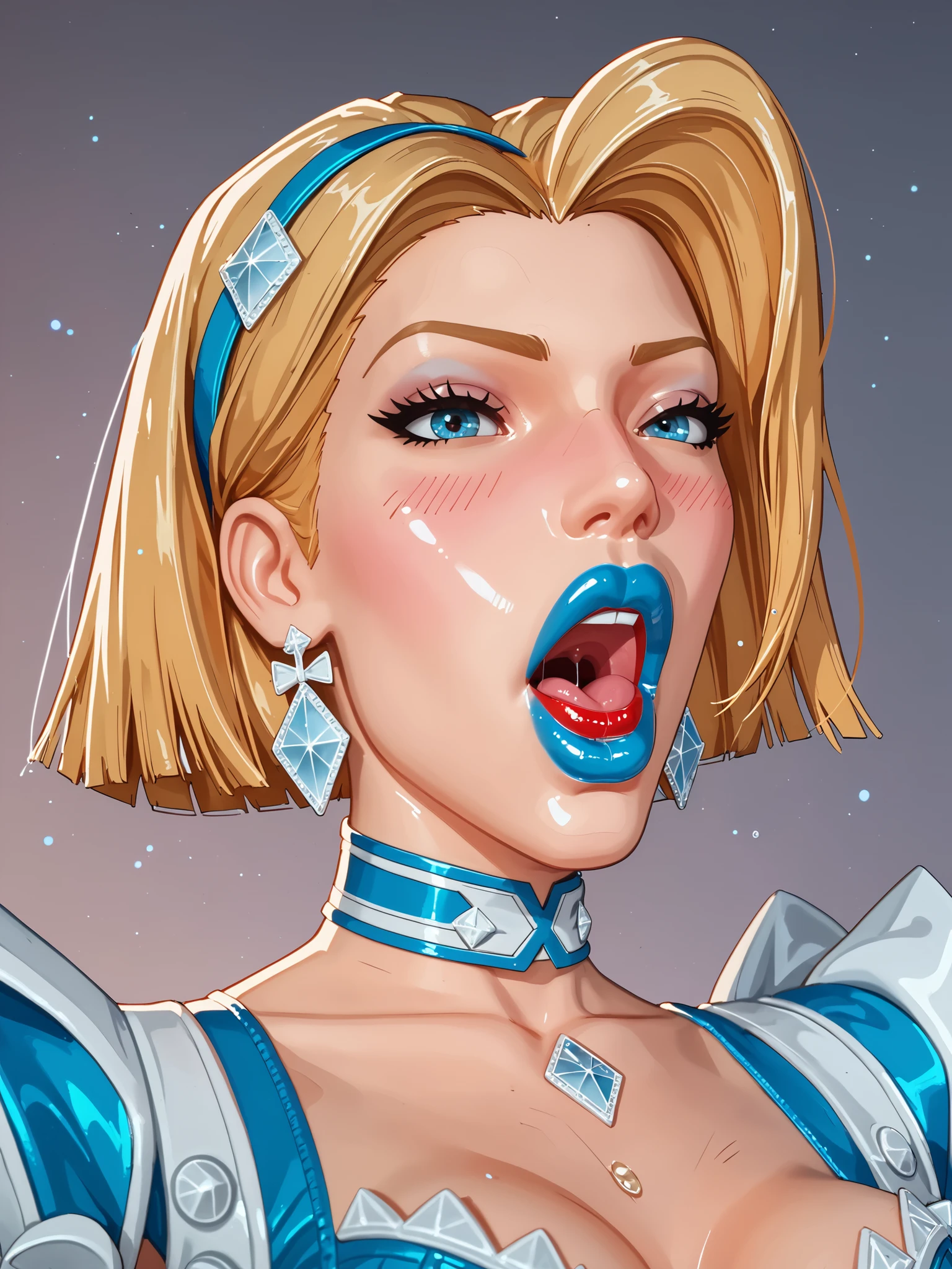(Emm4Frostrivals:1.0, short blond hair, emm4Frostrivals classic outfit:2.0, undressed, shiny sexdoll:1.0, sexdoll seams:2.0, sexdoll mouth:3.0, insides of her mouth, lipstick, open mouth, blushing heavily, panting, orgasming), artistic shot, modelling pose, detailed face, high quality, perfect eyes, shuddering, on a satin bed,