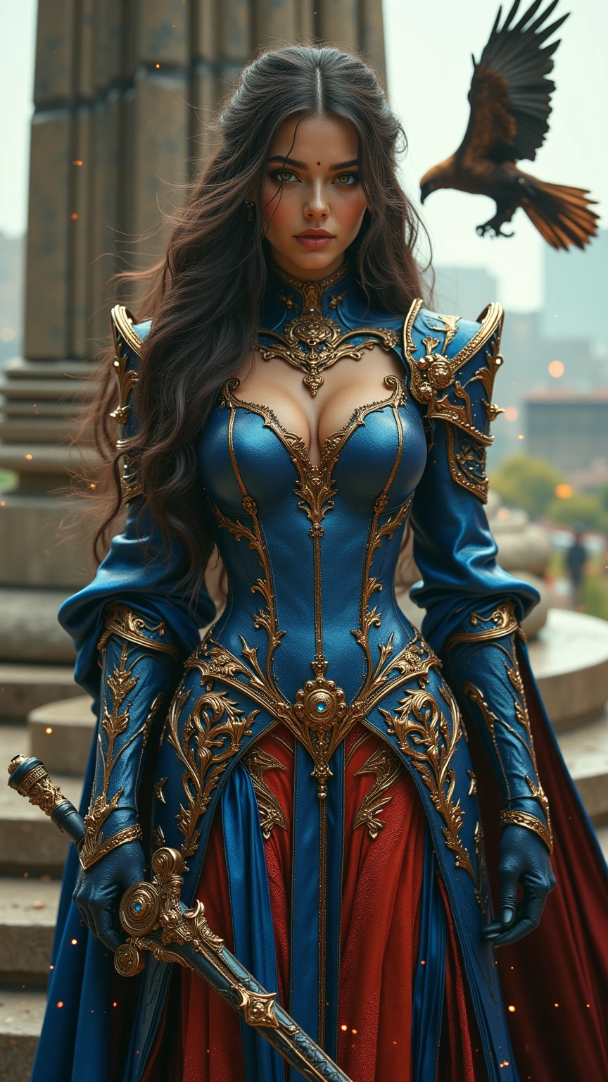 Photo prise avec un Canon EOS R5, objectif 85mm f/1.2, ISO 100, vitesse 1/640s. Une reine sexy en armure sexy et  majestueuse d'Argentine, vue de la tête aux pieds dans une photo ultra réaliste. Son armure arbore fièrement les couleurs et le drapeau d'Argentine et est ornée de motifs inspirés de la tradition gaucho. Dans une main, elle tient une boleadora. A ses côtés se tient un condor, il vole. Son regard déterminé et son sourire énigmatique témoignent de sa puissance et de sa séduction. Elle se tient devant l'Obélisque de Buenos Aires, porte des bottes rappelant le style gaucho, elle marche vers le spectateur.