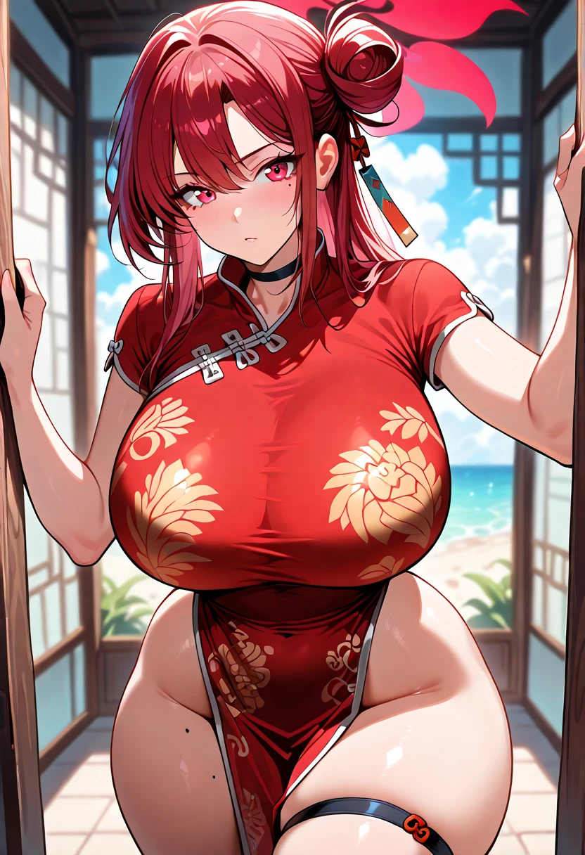 masterpiece, best quality, 1girl, standing, full body, red hair, blue eyes, (qipao:1.2), (black chinese dress:1.2), (gigantic breasts:1.2),(wide hips:1.2),(thick thighs:1.2), black panties, black underwear ,smile,thighhighs,(blush:1.2),indoors, supermarket,choker, slender waist, fox girl, fox ears, long hair, ponytail, long qipao, skintight qipao, <lora:KelvinHiu-style_59894:0.9>