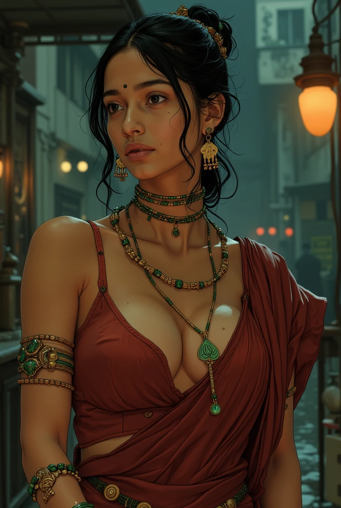 dans un décor faiblement éclairé Une magnifique femme coquine et plantureuse au teint clair neutre en tenue traditionnelle, portant un sari élégant rouge foncé et froissé, pas de pièce de chemisier, poitrine nue et bijoux complexes bracelets verts en verre et un petit bindi rouge entre les sourcils de la dame portant un collier fin et long en or avec une longue chaîne avec des perles noires et dorées. Les perles sont disposées selon un motif répétitif, avec la plus grosse perle en bas et la plus petite en haut. Au centre du collier, il y a un pendentif avec un dessin en forme de reine de pique, Le pendentif est attaché à la chaîne avec un fermoir en or. Le style général des bijoux est traditionnel. ((Big sagging breast)). ((Deep cleavage))