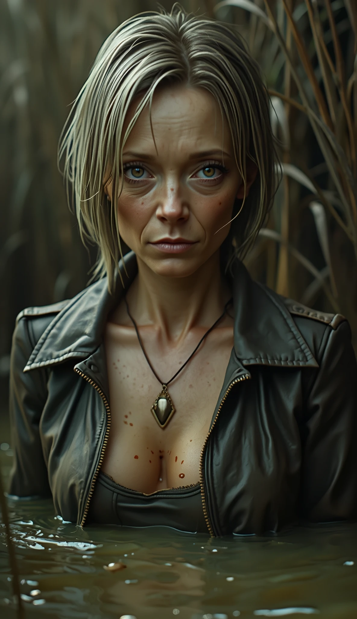 worn-out ugly mature whore in her 40s. feded whore drowning stuck in sludge swamp, Lopsided crooked face. unfaithful gloomy , Thin, greasy hair. Bob-cut.  tension. eyes with mascara. Sagging neck, tank top and washed  leather jacket. tormented by lust, Hyper-realistic, harsh lighting,reeds, strong bags under eyes, expressive wrinkles