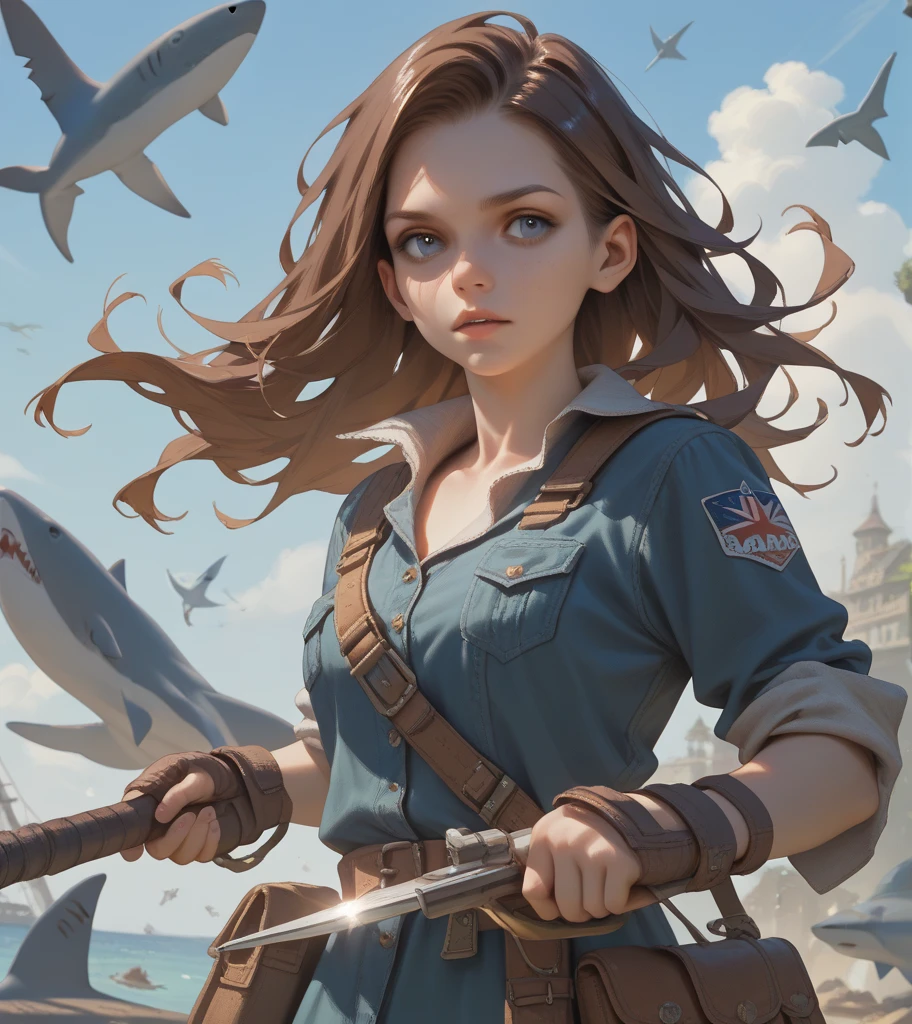 Ultra detailed, wide scene, scenery in the middle of a war between gods, a woman, light red hair, long wavy hair, messy hair, detailed eyes, darkblue eyes, clothing (Greek soldier armor), kneeling, tears of blood falling from her eyes, blood everywhere, freckles, realistic face, porcelain skin, closed mouth, flowing hair, wind, storm, expression of pain