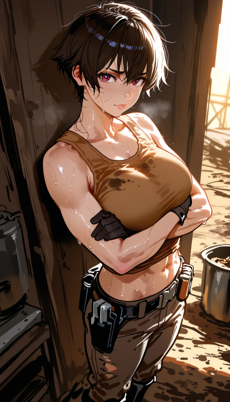 photo of mlp Meowko, RAW, beautiful woman, ((portrait)), ((detailed face:1.2)), ((anime face, anime facial feature, clear skin, glossy anime lips, clear skin), (short messy lesbian haircut, brunette: 1.55),  (under boob: 1.6), (perfect proportioned body, Strong, muscular, narrow waist, narrow hips, skinny, large breasts), (she is wearing a reflective orange work vest, yellow hard hat, Cleavage), construction site, Heavy equipment, steel beams, (realistic photo, best quality, detailed), (8k wallpaper), (cinematic lighting, beautiful light, (noon:1.3)) (sharp focus, intricate)