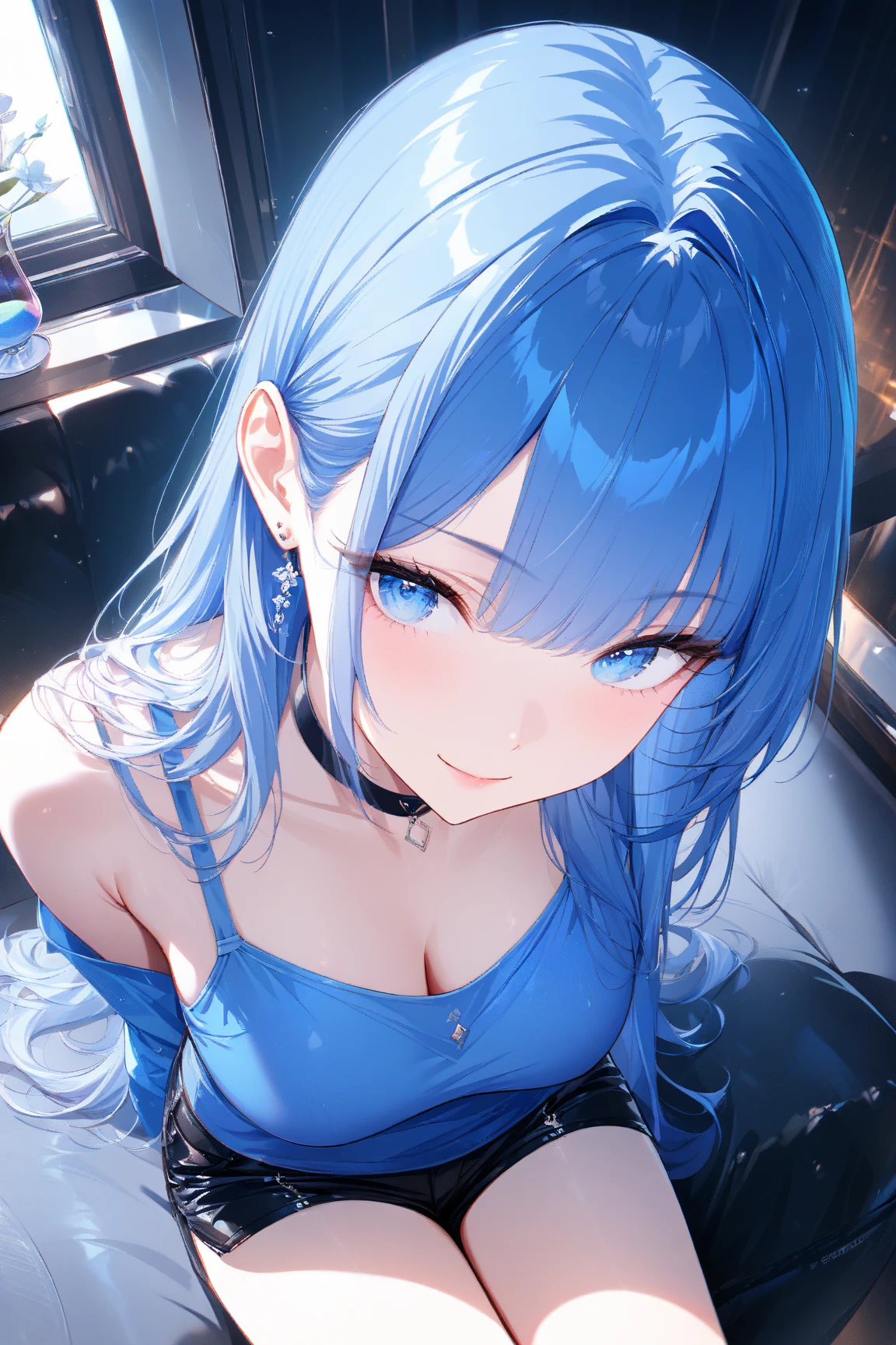 White skinned anime style girl, blue hair, long hair, blue eye, having a sexy style, nude, masturbating, squirting, very high quality