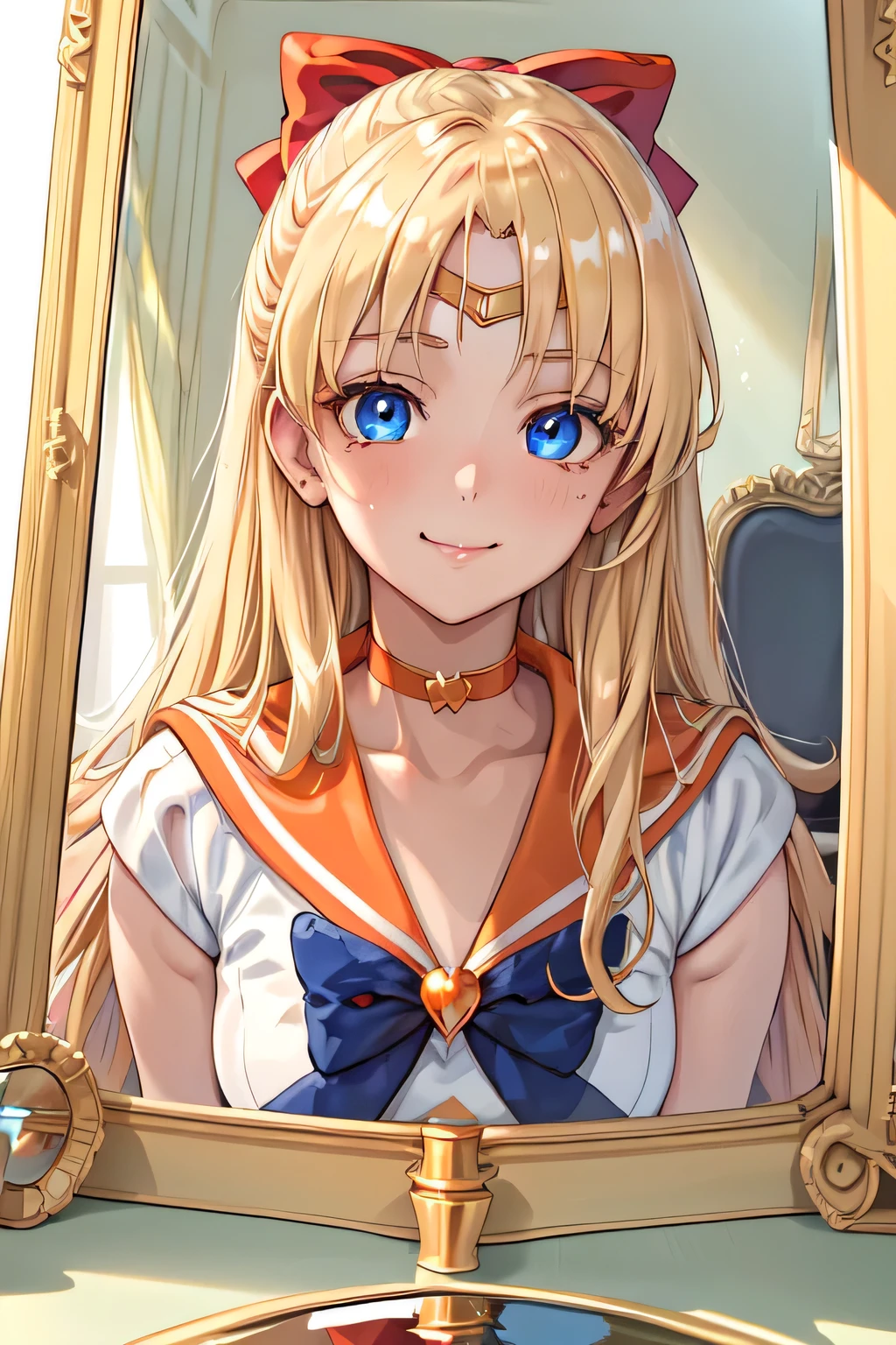 a woman face in reflected mirror:1.5, sv1, sailor senshi uniform, tiara, orange sailor collar, red bow, orange choker, close up face:1.2, close-up portrait with direct gaze, blue eyes, eye contact to viewer:1.5, face to viewer, smile, satisfied expression, reflection, bedroom, (ultra-detailed, masterpiece, semi realistic, high quality, 8K), blonde hair, long hair, (reflection on glossy mirror:1.2), mirror glare, detailed skin texture
