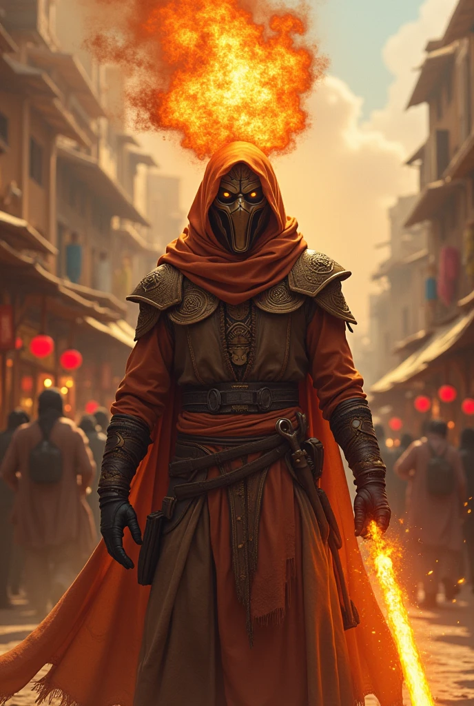 A masked desert warrior with a firecrown stands in a bazaar square, Flames swirl around him, while sandstorms blaze in the background. His right hand forms a glowing blade of heat.
Kano Fire Guard