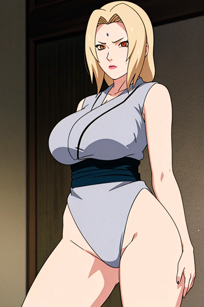 ((1girl)),((alone)), Tsunade senju,(masterpiece), (best quality), (ultra detailed), (best illustration), (best shadow), (absurdities), sharp focus, cowboy photo , looking at the viewer, big breasts, narrow waist, wide hips, medium thighs, round butt, dynamic posture, naughty face, breasts out, green coat, beautiful, blonde hair, long white hair, with brown eyes, red lips, pencils lipsticks, pub, smile, red face , huge breasts, indoors, perfect eyes, mature woman, assertive woman, separated breasts, gray pants, flashing, shirt pull, , seductive smile, closed mouth, (sexy pose: 1.2), alone, standing: 1.3, interior, Hokage's office, desk, window, sunset, looking forward ((focus on thighs)), point of view (from below), red blush, perfect anatomy, perfect hands