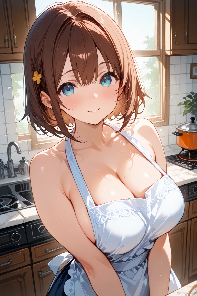 (Best Quality, Masterpiece),sexy mommy, Front cover of a women's cooking magazine, , naked, erotic, 18+, nsfw, 1girl, 30 years old, stunning, cute, heartwarming smile, hourglass figure, super mini bikini, pinny apron, beautiful food, text, diagrams, advertisements, magazine title, short brown hair, brown detailed sparkling eyes,
