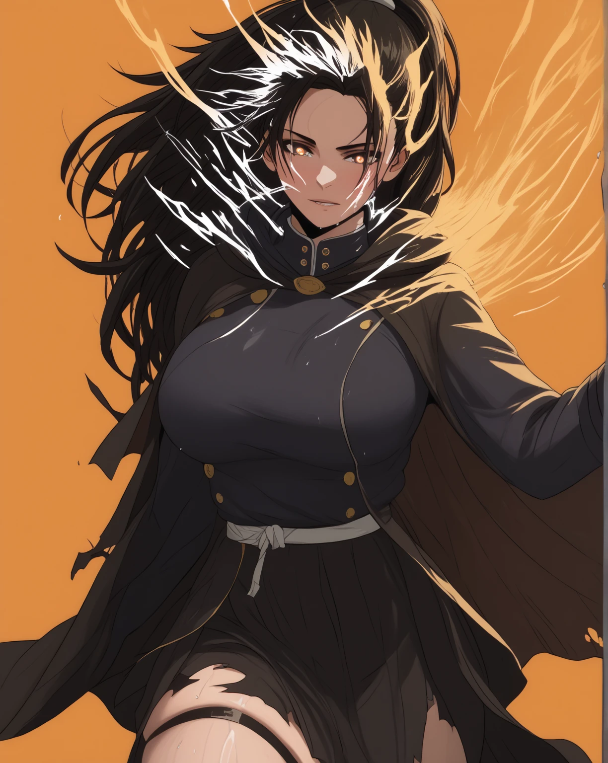 score_9, score_8_up, score_7_up, score_6_up, score_5_up, score_4_up, uncensored, KJOaiko, black hair, brown eyes, long hair, ponytail, anime coloring, anime screencap, (voluptuous:1.3), (thick:1.3), BREAK UHD, retina, masterpiece, accurate, anatomically correct, textured skin, super detail, high details, high quality, award winning, best quality, highres, 4K, excessive sweating, sweating, sweating drop, (gasping, heavy breathing:1.3), (skindentation:1.2), perfect eyes, beautiful eyes, eyelashes, makeup, detailed body, perfect body, BREAK, (aura), (black aura:1.2), (aura:1.4), solo, hood, 1girl, cloak, hood_up, glowing, torn_clothes, grey_background, simple background, particle, gothic, glowing eyes