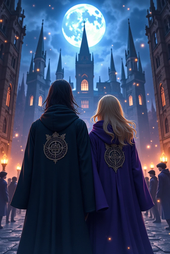 "Create an image of a mystical, moonlit academy courtyard, with towering spires and grand architecture in the background. In the foreground, depict a group of students, including the male, with long black hair and female lead with blonde hair, standing together, looking fierce and determined. The male lead should be shown with a strong, brooding expression, while the female lead should have a confident, fiery gaze. Both should be dressed in dark, mystical robes with subtle wolf-like embroidery, the male lead in a black rope and the female in a purple.  In the colourful background, hint at the supernatural elements of the academy by including subtle werewolf transformations, glowing runes, or mysterious shadows. The atmosphere should be ominous, there should be a wolf, yet captivating, conveying the sense of adventure, danger, and romance that comes with being a werewolf in a mysterious academy."