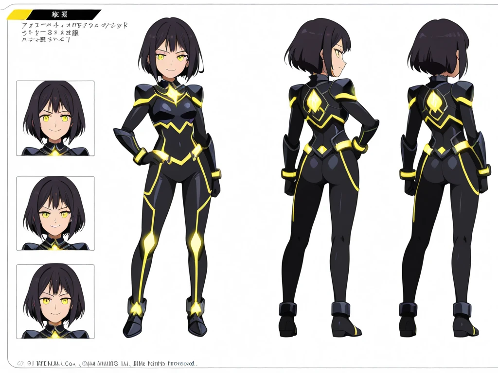 (masterpiece), (best quality), (high res), 1lady, tall body, beautiful detailed eyes, beautiful detailed face, perfect hands, complete fingers, perfect anatomy, perfect proportions, ((black hair, short hair, bob hair)), ((green eyes)), ((leotard, black leotard, matching leotard, bare legs)), ((boots, matching boots, knee-high boots, black boots)), breasts, medium breasts, (full body portrait), looking at viewer, solo, solo focus, standing, (belt, tight belt), (black sleeves, yellow cuffs), (yellow hawk (symbol) on chest), (medium cape, jet black cape), full body costume design. Simple background, Multiple Views, Character Sheet Full-Length, 