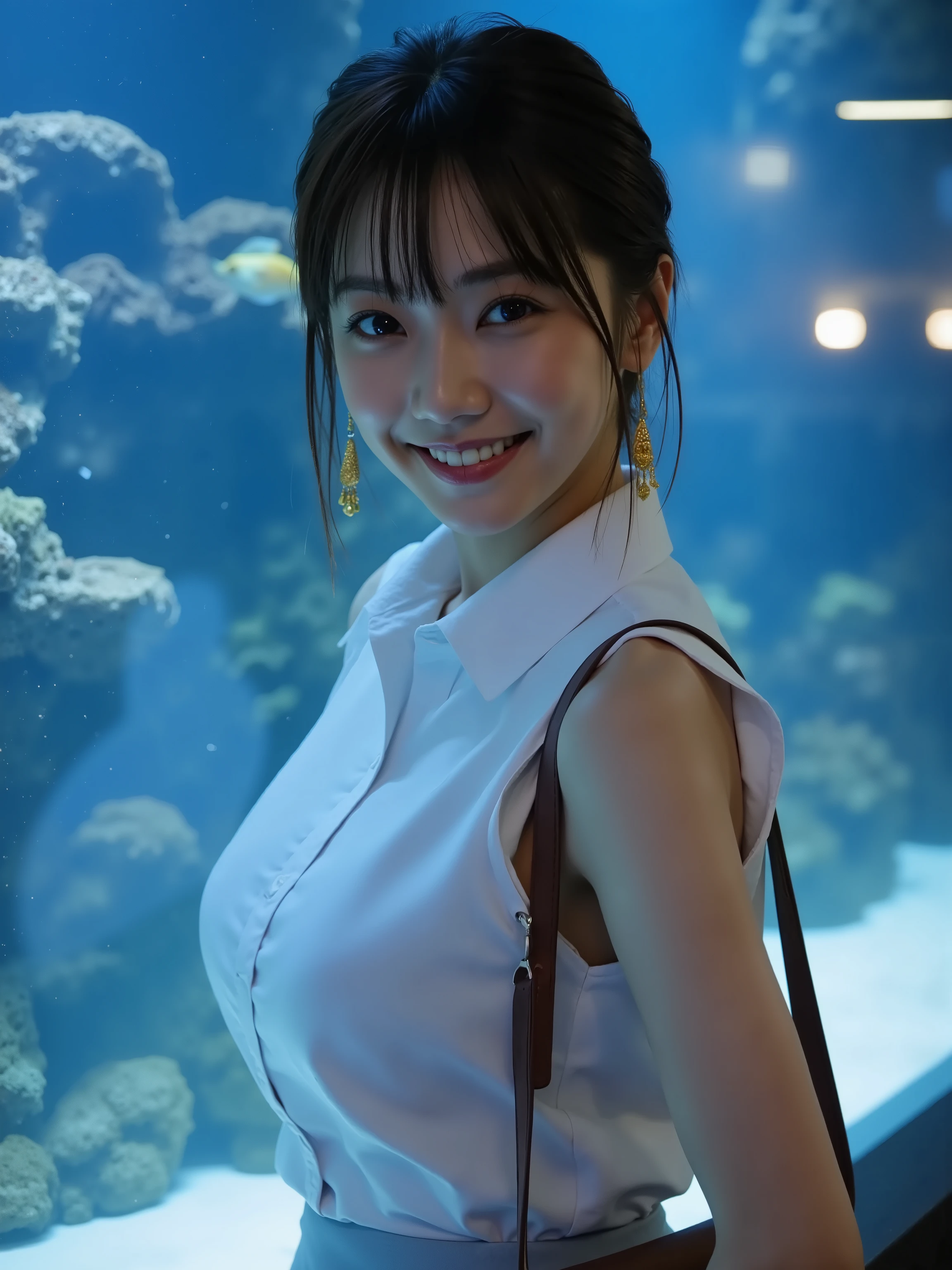 (8k, top quality, Genuine, Ultra High Resolution :1.5),beautiful Japanese woman, ((cute smile)),18 years old,(up hair), (collared sleeveless shirt),skirt、Dangling Earrings、 Close-up shot of the side, full body closeup shot、The entire wall of the aquarium at night is in front of the fish tank、shoulder bag
