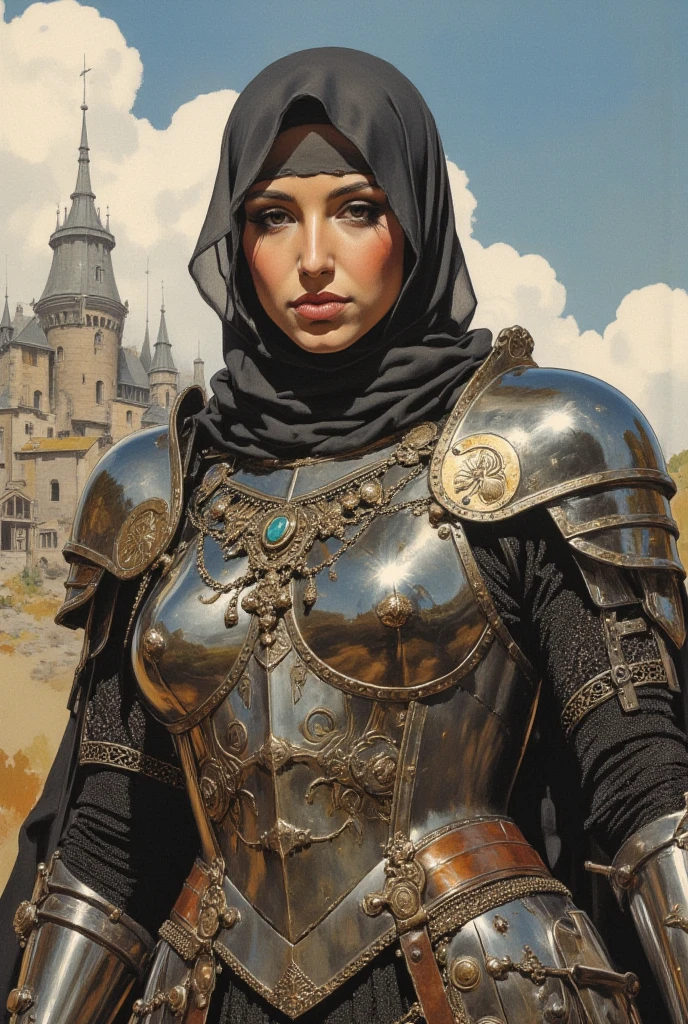 sexy muslim female knight. Medieval heavy armour armour in steel and bronze representing a knight.. Beaucoup de bijoux. Comic book art style. ((sexy)). ((gros sein affaissé)). ((nudity))