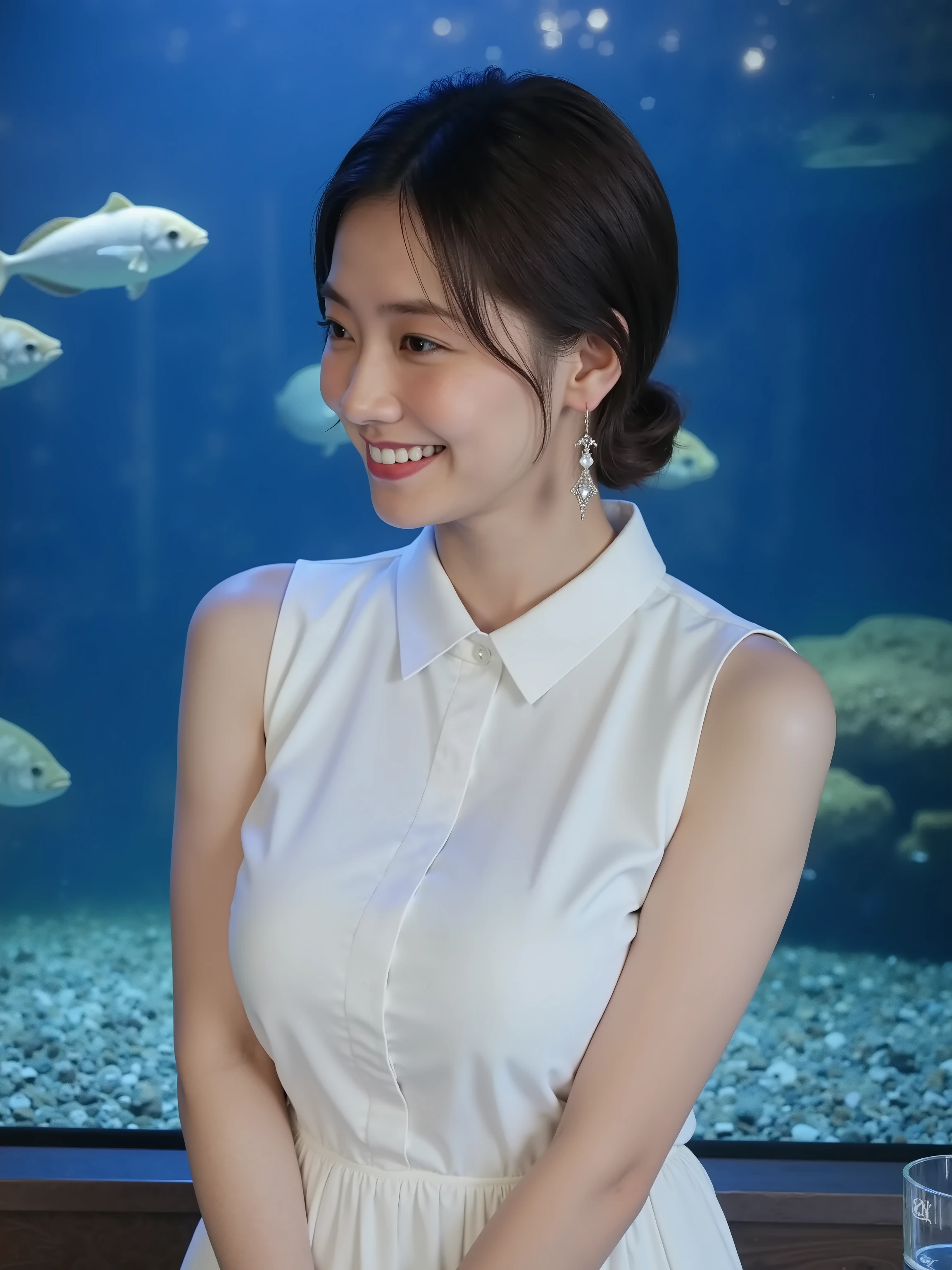 (8k, top quality, Genuine, Ultra High Resolution :1.5),beautiful Japanese woman, ((cute smile)),18 years old,(up hair), (collared sleeveless shirt),skirt、Dangling Earrings、 Close-up shot of the side, full body closeup shot、The entire wall of the aquarium at night is in front of the fish tank、shoulder bag