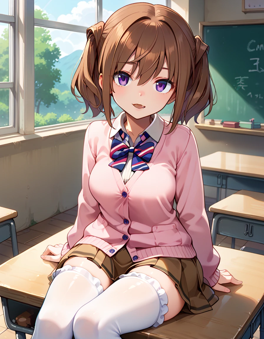 ((masterpiece,best quality))1girl, solo, school uniform, blue bow, plaid, plaid skirt, pleated skirt, pink cardigan, skirt, pink eyes, short bob hair, dark brown hair, one side up, indoors, girly room, (cute face), leg warmer, knees together,