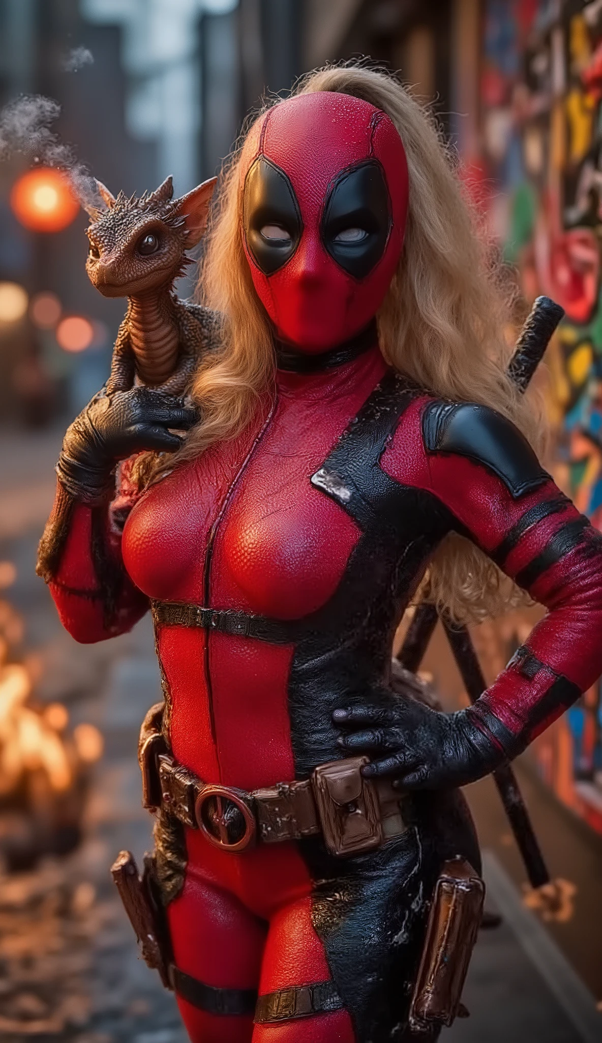 (best quality, 128k,highres,masterpiece:1.2),ultra-detailed,(realistic,photorealistic,photo-realistic:1.37), ((masterpiece)) ((photography)) ((Highest quality)) sexy curvy Lady Deadpool in a provocative and dynamic pose, one hip out, playful stance, holding a cute baby dragon on her shoulder. The baby dragon puffs a tiny flame while looking mischievous. Lady Deadpool winks through her mask, one hand on her hip, surrounded by comic-style explosions and neon graffiti. Urban background, vibrant colors, cinematic lighting, mix of humor, attitude, and fantasy chaos.