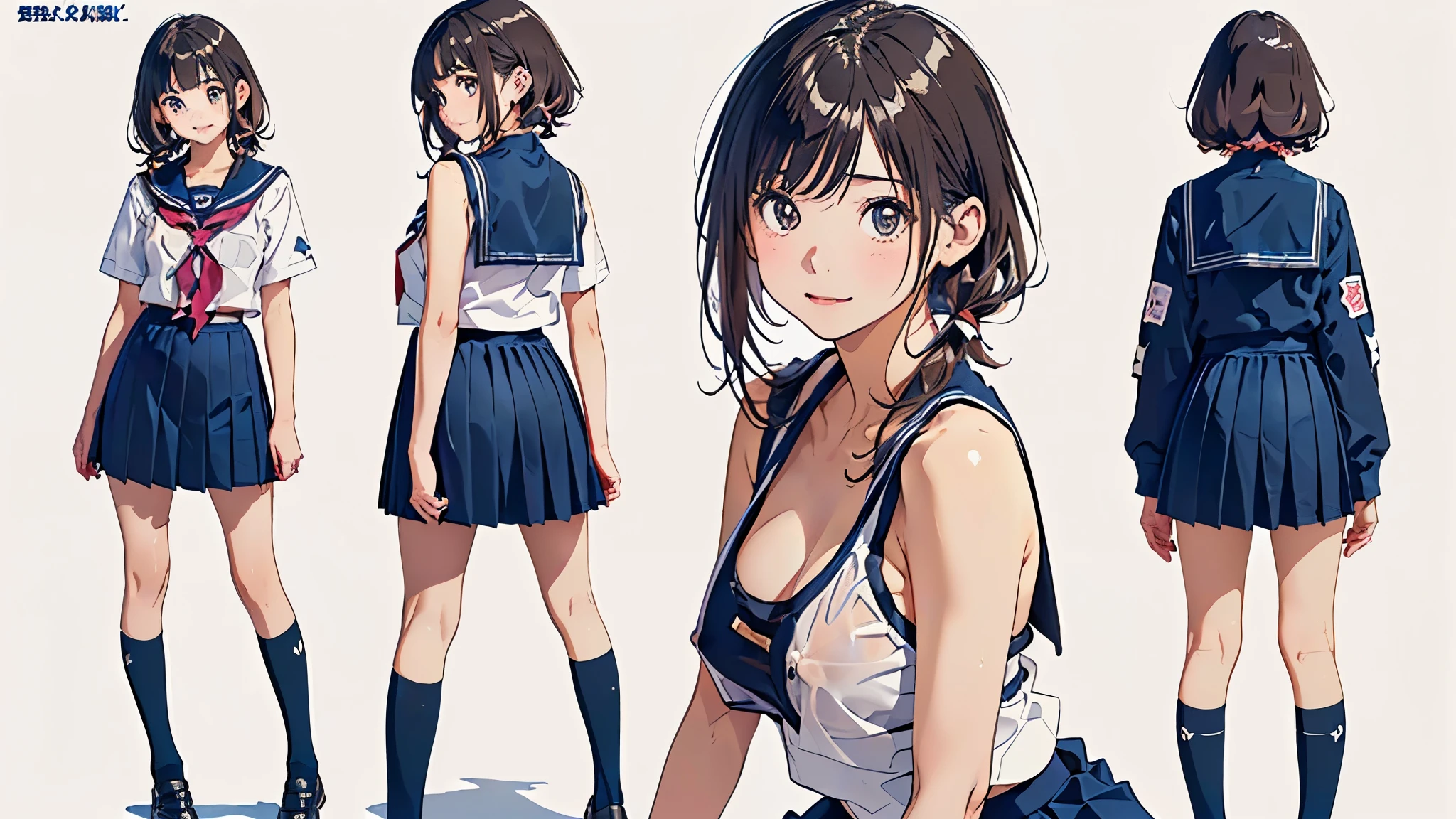 illustration, official art, multiple views, 1girl,skirt,
view from above, close-up, upper body, leaning forward, (seductive smile:0.7), light brown hair, single hair bun,
view from below, close-up, ass focus, upskirt,