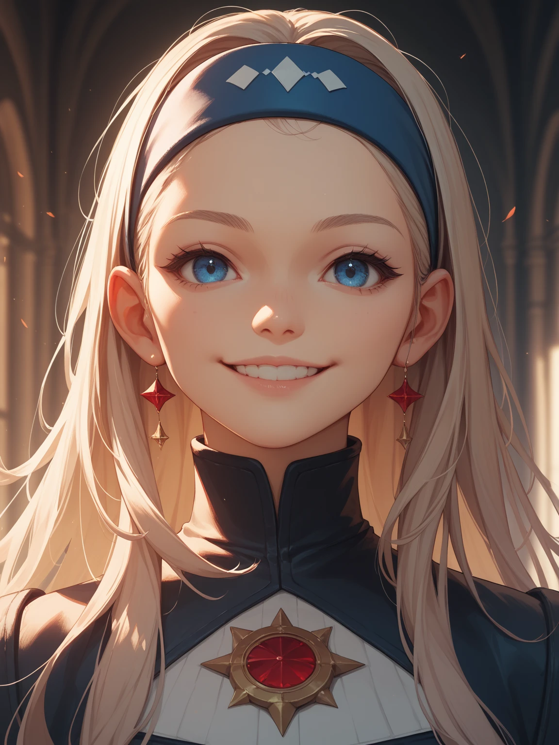 1 girl, High Resolution, Masterpiece Long Hair, ผมสีดำ, smile, Blue Eyes,  headband, with a Mad Head,  Set Made , Looking at the viewer