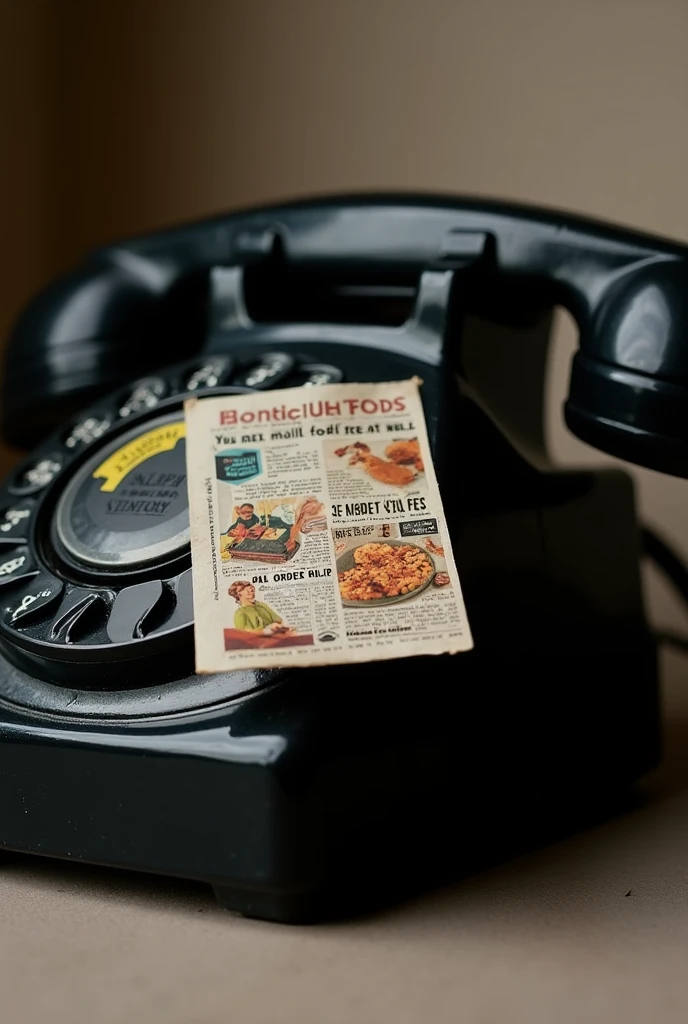 Close up view of a black dial telephone from the 1970s。A cutout of a mail-order magazine is attached to the number part of the telephone dial。