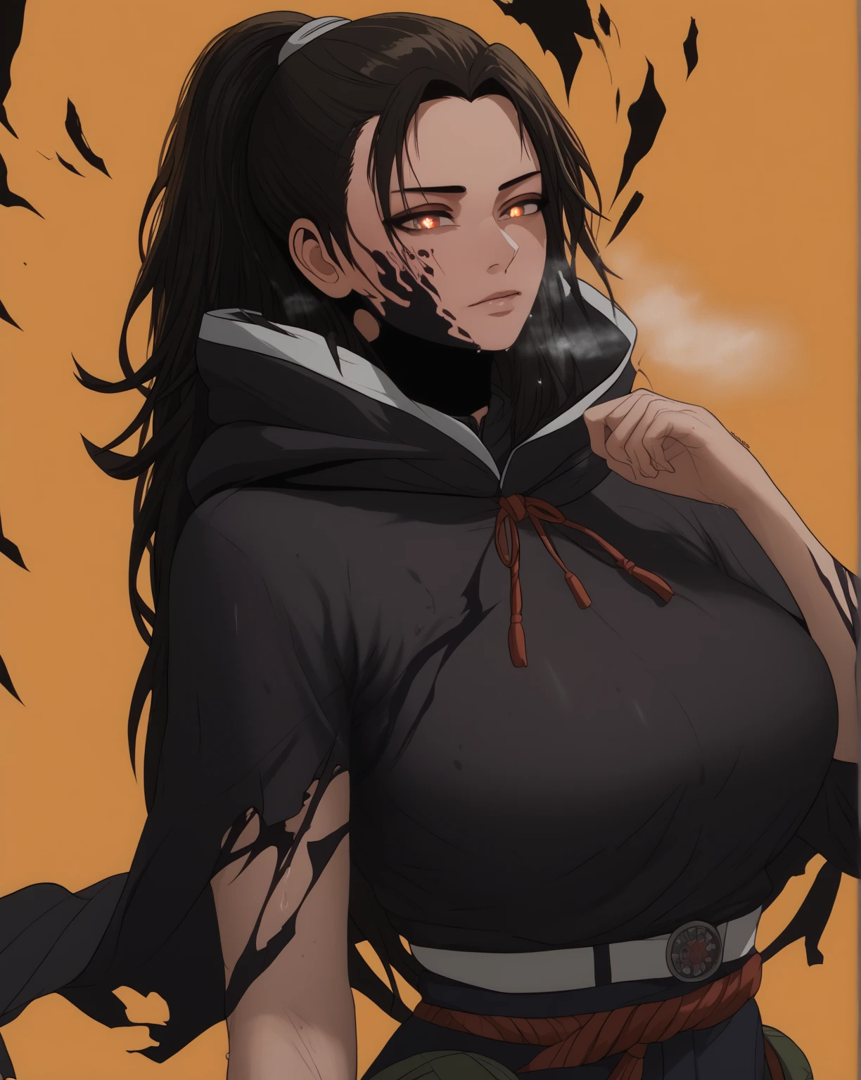 score_9, score_8_up, score_7_up, score_6_up, score_5_up, score_4_up, uncensored, KJOaiko, black hair, brown eyes, long hair, ponytail, anime coloring, anime screencap, (voluptuous:1.3), (thick:1.3), BREAK UHD, retina, masterpiece, accurate, anatomically correct, textured skin, super detail, high details, high quality, award winning, best quality, highres, 4K, excessive sweating, sweating, sweating drop, (gasping, heavy breathing:1.3), (skindentation:1.2), perfect eyes, beautiful eyes, eyelashes, makeup, detailed body, perfect body, BREAK, (aura), (black aura:1.2), (aura:1.4), solo, hood, 1girl, cloak, hood_up, glowing, torn_clothes, grey_background, simple background, particle, gothic, glowing eyes