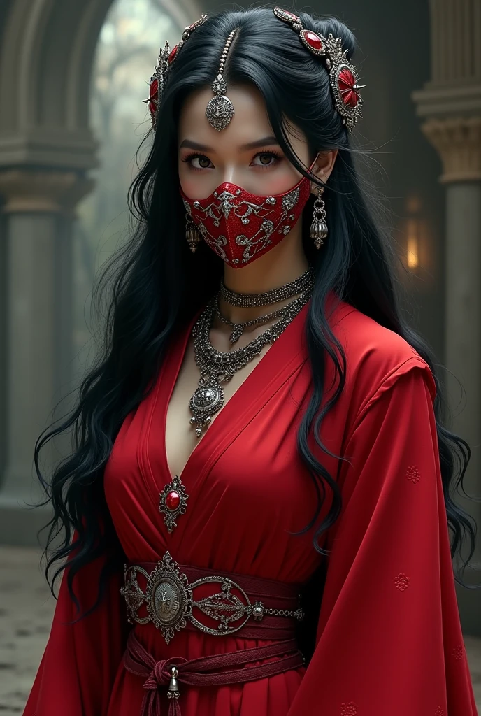 Image of an RPG character, ladina, with red clothes and big black hair, clear eyes, with lots of gold jewelry, Piercing and a mask in the mouth with a moaning brother