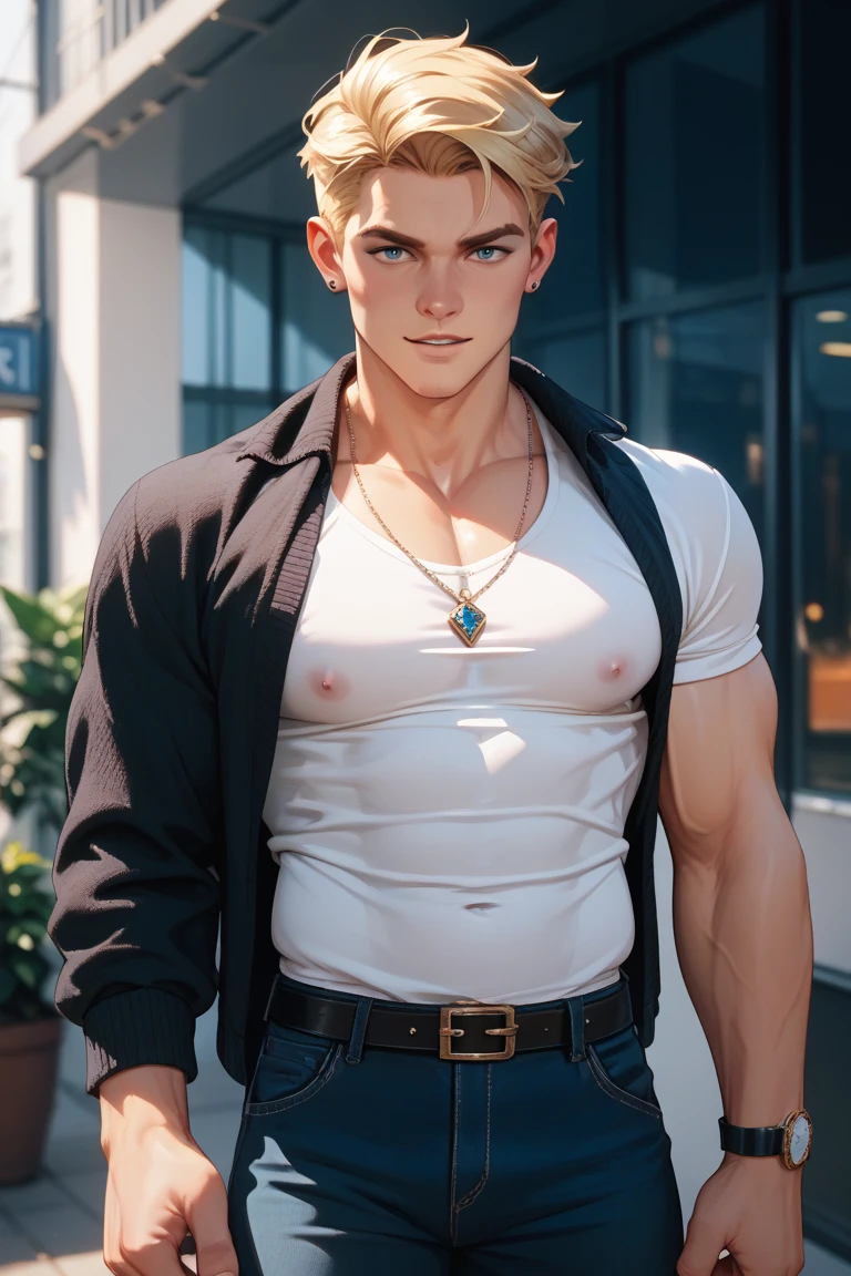 1 boy,Handsome Jack Frost，tall and strong,perfect male figure, eyes looking at camera, shirtless . Wearing a beige underwear thong ((tanned skin)), nude, snow，silver hair,serious expression,necklace,Ray tracing. Smiling 