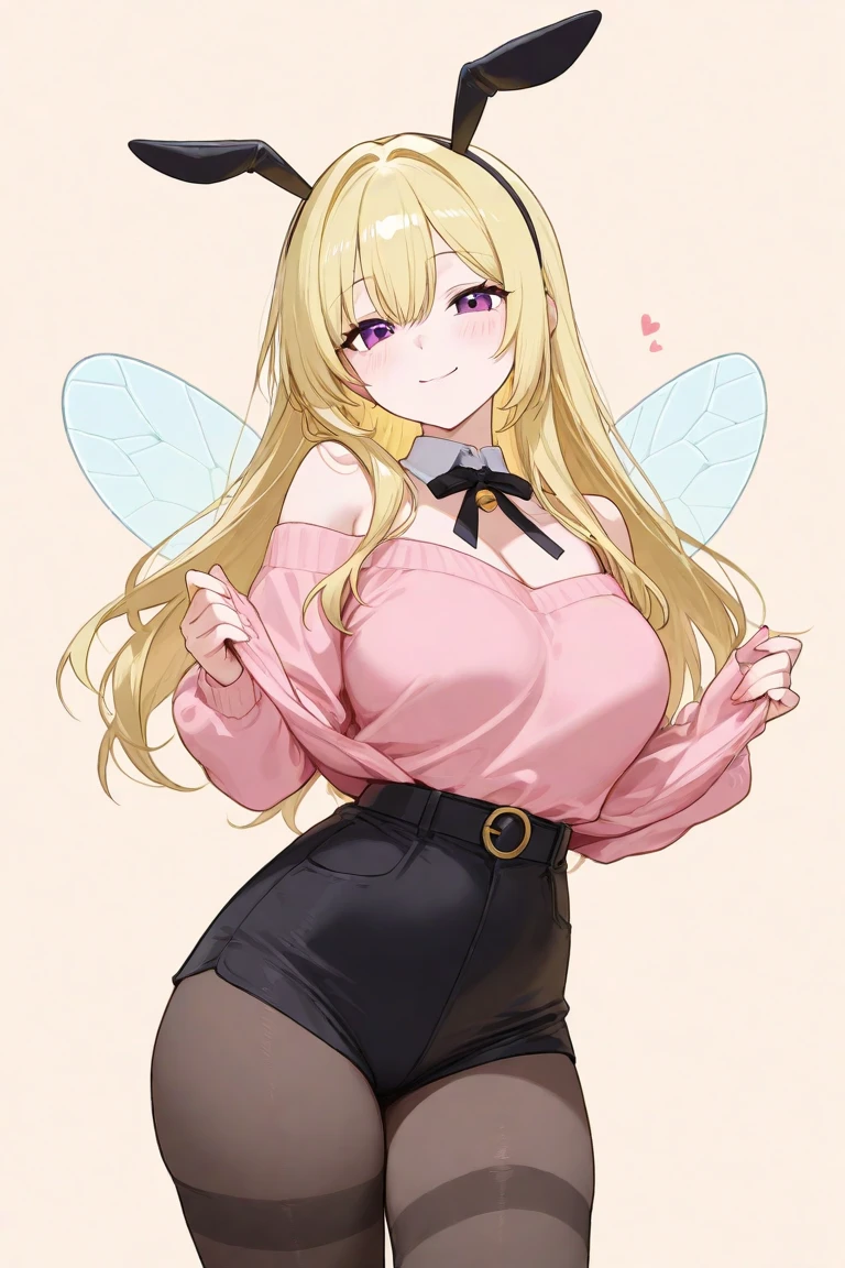 1girl,solo,antennae,black hairband, (long blonde hair),hair between eyes,hair flower,hair ornament,hairband,smile,red eyes,open mouth,(huge breasts:1.2),cleavage,(butterfly girl),butterfly wings,crazy straw,day,dress,flower,grass,high heel boots,light blush,long sleeves,looking at viewer,outdoors,short hair,thigh boots,blue sky,cloud,