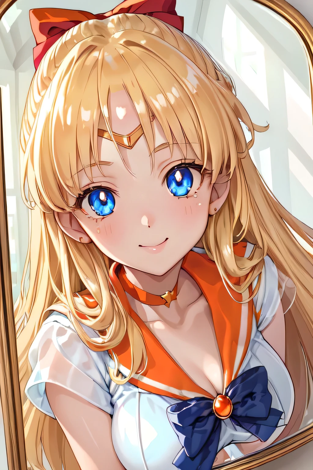a girl face in reflected mirror:1.5, sv1, sailor senshi uniform, tiara, orange sailor collar, red bow, orange choker, close up face:1.2, close-up portrait with direct gaze, blue eyes, , elongated vertical narrow eyes:1.3, face to viewer, cheerful smile, reflection, bedroom, (ultra-detailed, masterpiece, semi realistic, high quality, 8K), blonde hair, long hair, (reflection on glossy mirror:1.2), navy bow on large breast