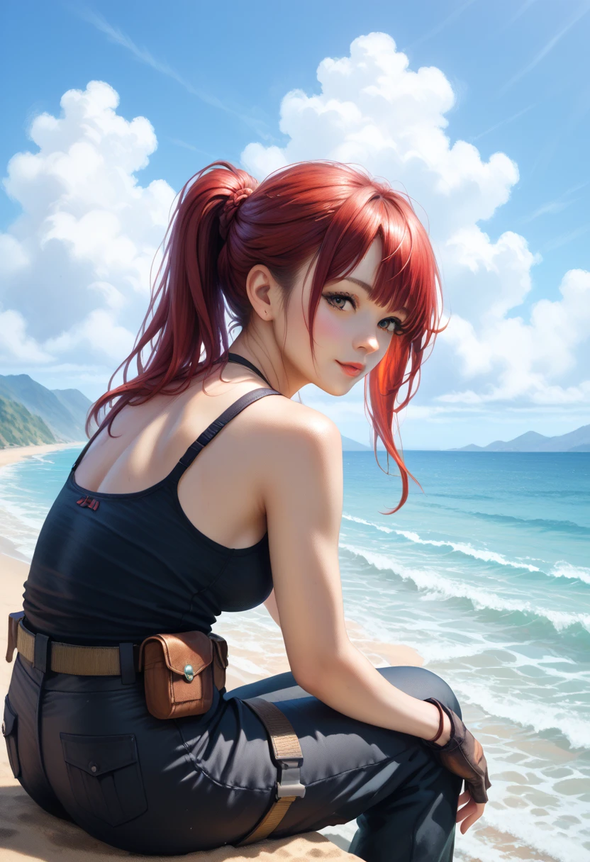 a man with red hair tied in a ponytail,  seen ???????????. is wearing a black tank top, black cargo pants, gloves and a white bandage on his right forearm. Is standing on the sandy shore of a beach, looking at a woman who is sitting in the distance, near the sea. Woman has long dark hair, wears casual black clothing, and is sitting looking at the calm water. In the background you can see faded mountains Amazed by the distance, under a clear blue sky with soft clouds.  The atmosphere is serene , a little melancholic, conveying solitude and reflection. Detailed anime style,  with soft lighting , realistic shading and delicate lines.