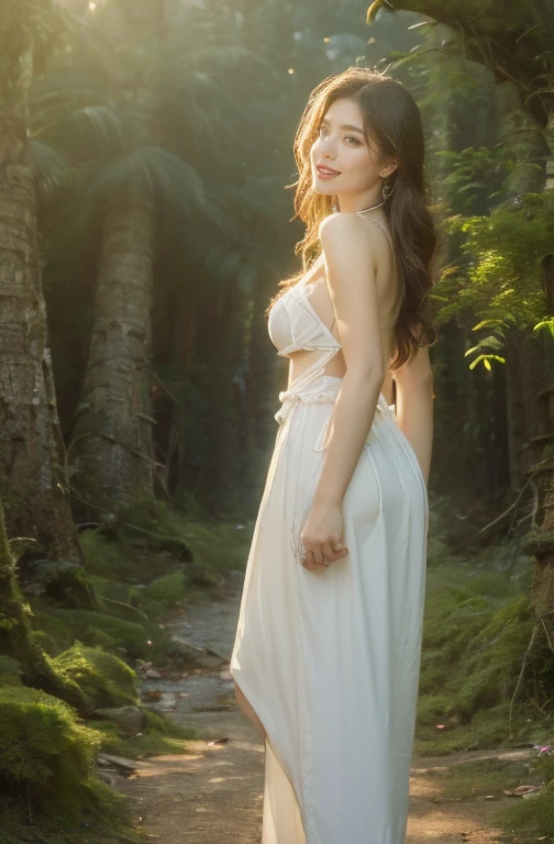 A beautiful european girl, Eve, wearing white organza dress, transparent dress, cleavage, white transparent stockings, full body, from behind, red apples, near an apple tree. She is 24 years old, has light brown hair, long hair, curly hair and light blue eyes. Her cloth is stylish and her overall appearance is stunning. The girl's face is extremely detailed with beautifully detailed lips. Her skin is anatomically correct with realistic textures. The image should have super high details and be of the best quality, with a resolution of 8K. The final result should be a masterpiece, showcasing the girl's beauty and the vibrant atmosphere of forest and blue waterfalls