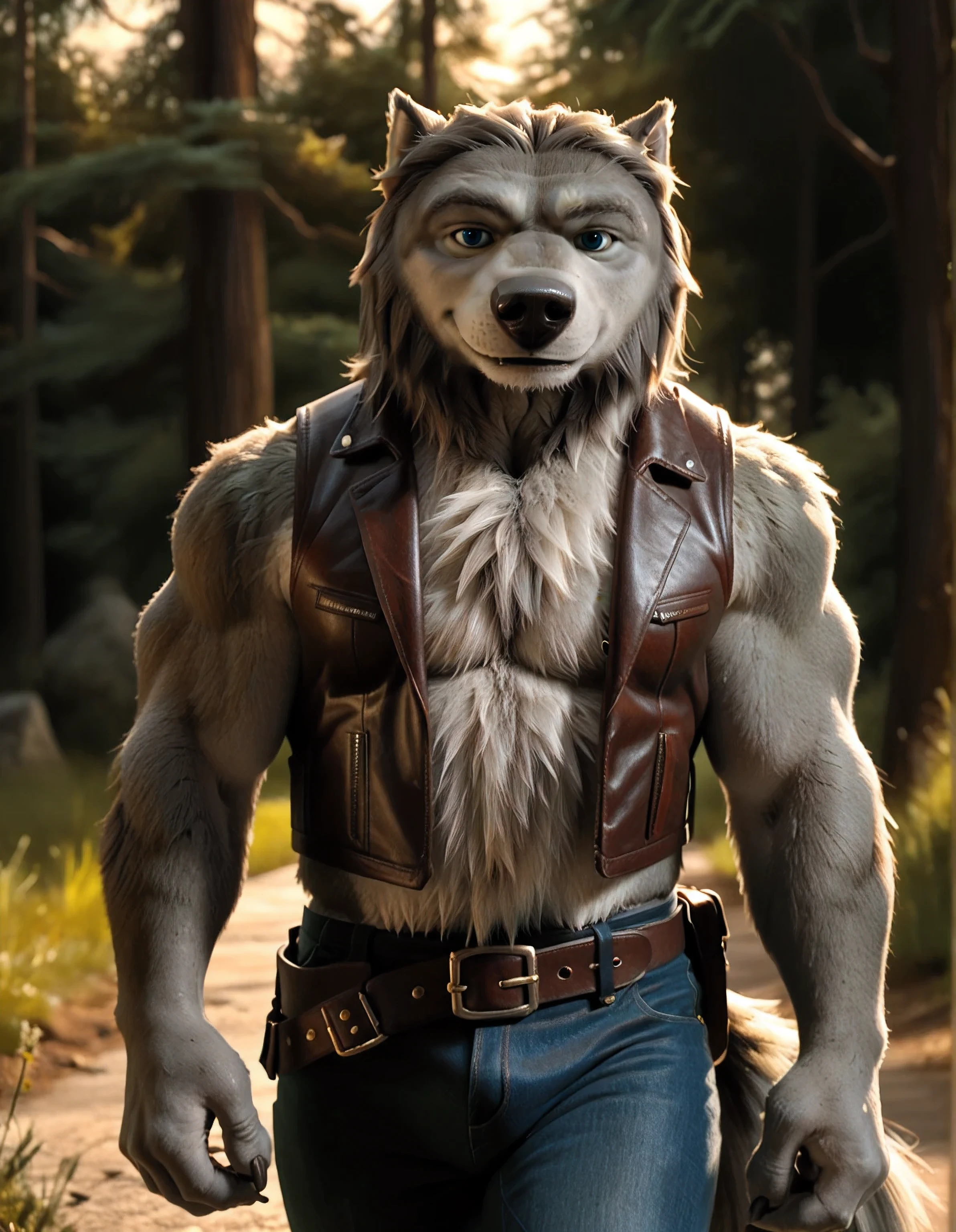 WinstonAO, high quality, looking at viewer, evening, forest road, in shadows, black speedos, male, wolf, old wolf, solo, grey fur, blue eyes, anthro, muscular, wide shoulders, (big body, thick arms), mass, strong chest, strong, subtle smile, gentle face, posing, realistic, correct lighting, correct shadows, sharp focus, high quality, detailed, t4r4nf1dd13r, front view, belt, leather black jeans, vest, leather vest,
