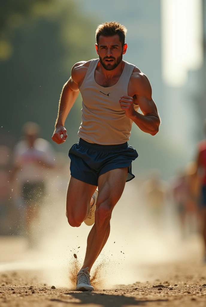 Scene opens with a close-up of a pair of Nike sneakers hitting the ground, dirt flying as they land. The camera slowly pans up to reveal an athlete, drenched in sweat, mid-run. The sound of their steady breathing and rhythmic footsteps fills the air.]