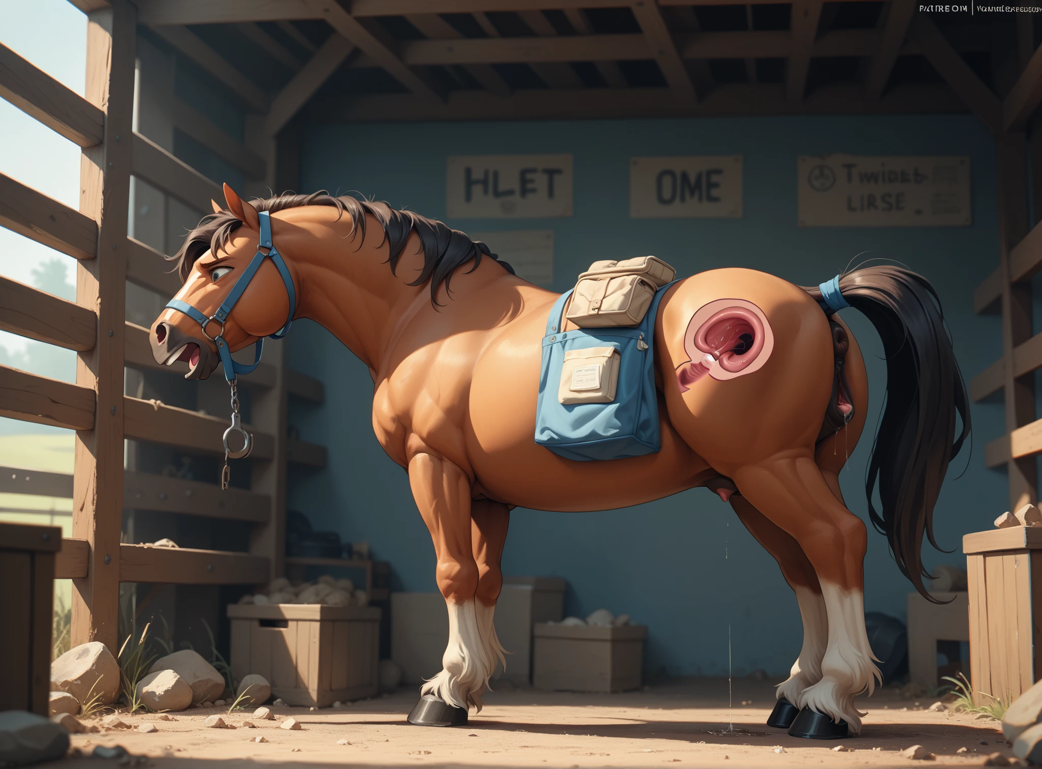 ((realistic)), upload on e621, by Garmash,Ruan Jia, darkgem, anthro, male, ((( detailed fluffy fur))), ((squatting)), detailed realistic painting, (((biceped))), (((shaded,Ray tracing,top left lighting))) extreme detail, ((horse)), (((Naked,Nude))),(((horse penis))),brown body,((turn around body)),((ass))
