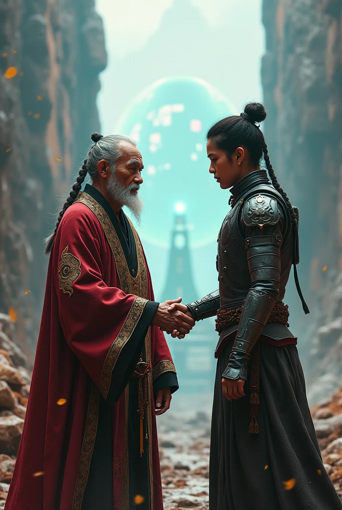Gon Tai, 70 years, master of Draka,  in a futuristic world . Shake hands with the 19-year-old Arda to get up and continue in the midst of the battle