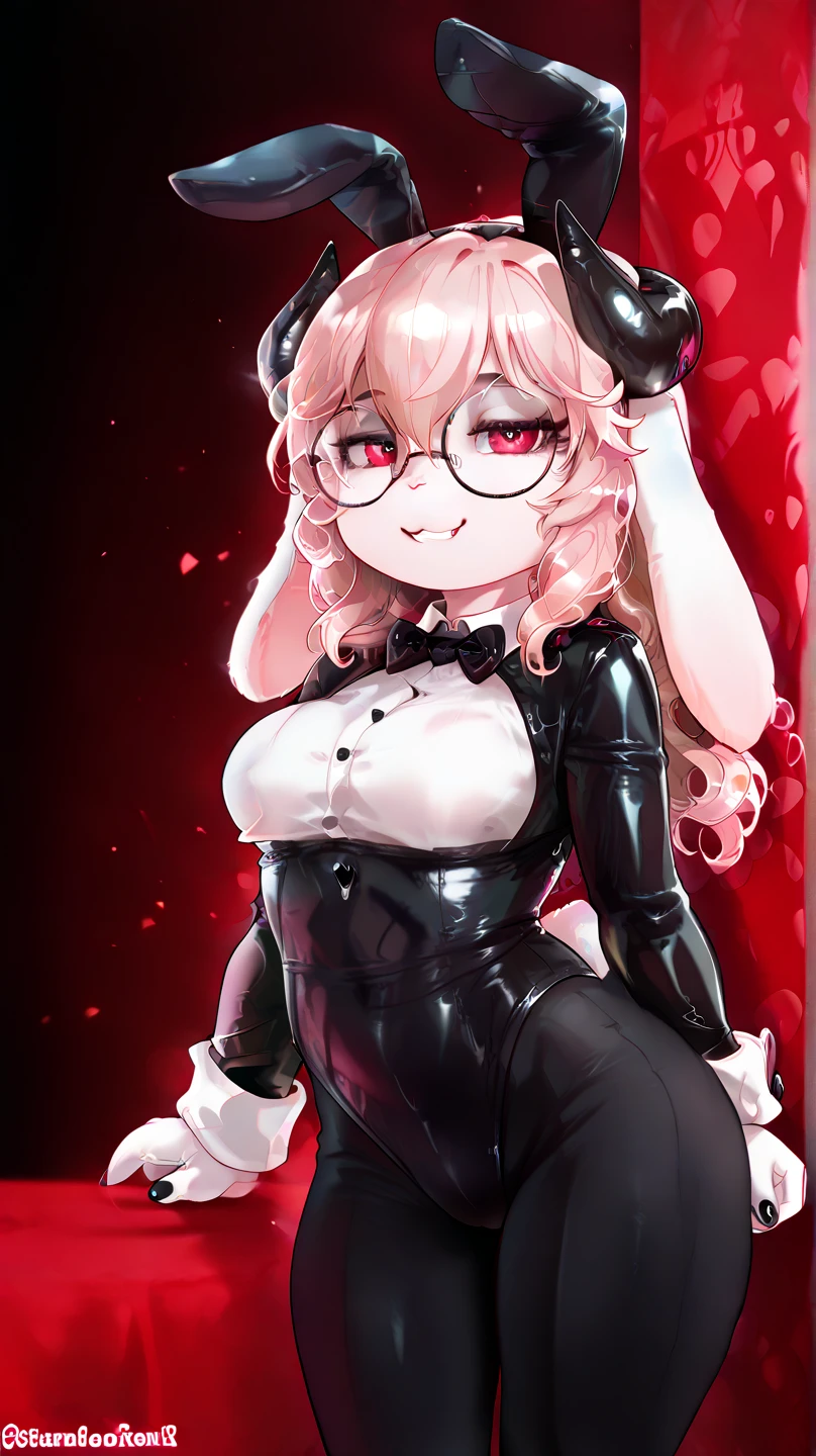 I have white pink hair, cat ears, a bun, my face is super blushing, black glasses, pink heart eyes, small breasts, a Playboy bunny suit that has a big butt, black stockings, a cat's tail, a very shy girl is this touching rear stand