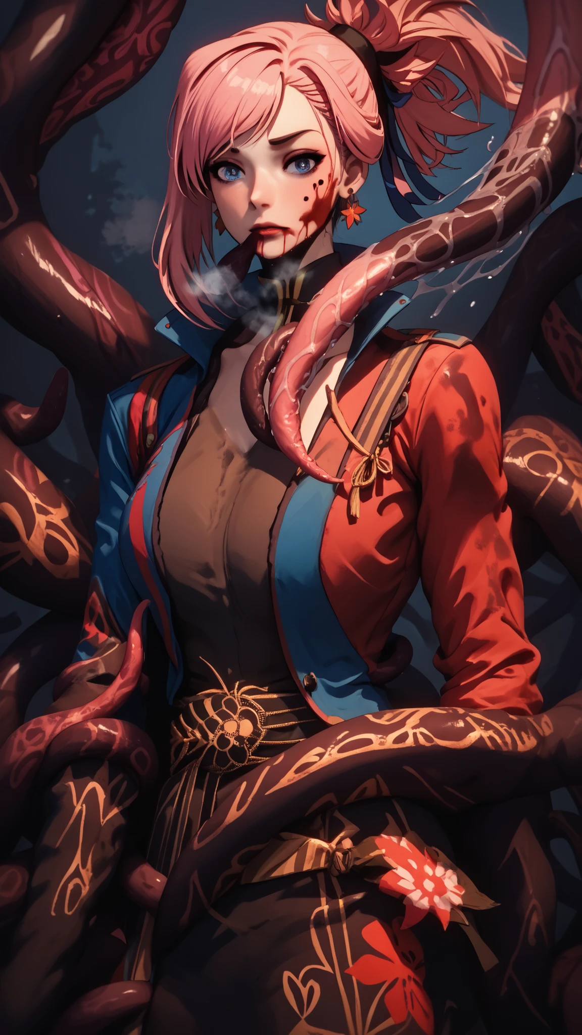 score_9, score_8_up, score_7_up, score_6_up, score_5_up, score_4_up, uncensored, miyamoto musashi, pink hair, earrings, ponytail, asymmetrical hair, swept bangs, blue eyes, 3d, cgi, (voluptuous:1.3), (thick:1.3), BREAK UHD, retina, masterpiece, accurate, anatomically correct, textured skin, super detail, high details, high quality, award winning, best quality, highres, 4K, excessive sweating, sweating, sweating drop, (gasping, heavy breathing:1.3), (skindentation:1.2), perfect eyes, beautiful eyes, eyelashes, makeup, detailed body, perfect body, BREAK, solo, tentacles, looking_at_viewer, blood, jacket, blood_on_face, (aura:1.4), black tentacles
