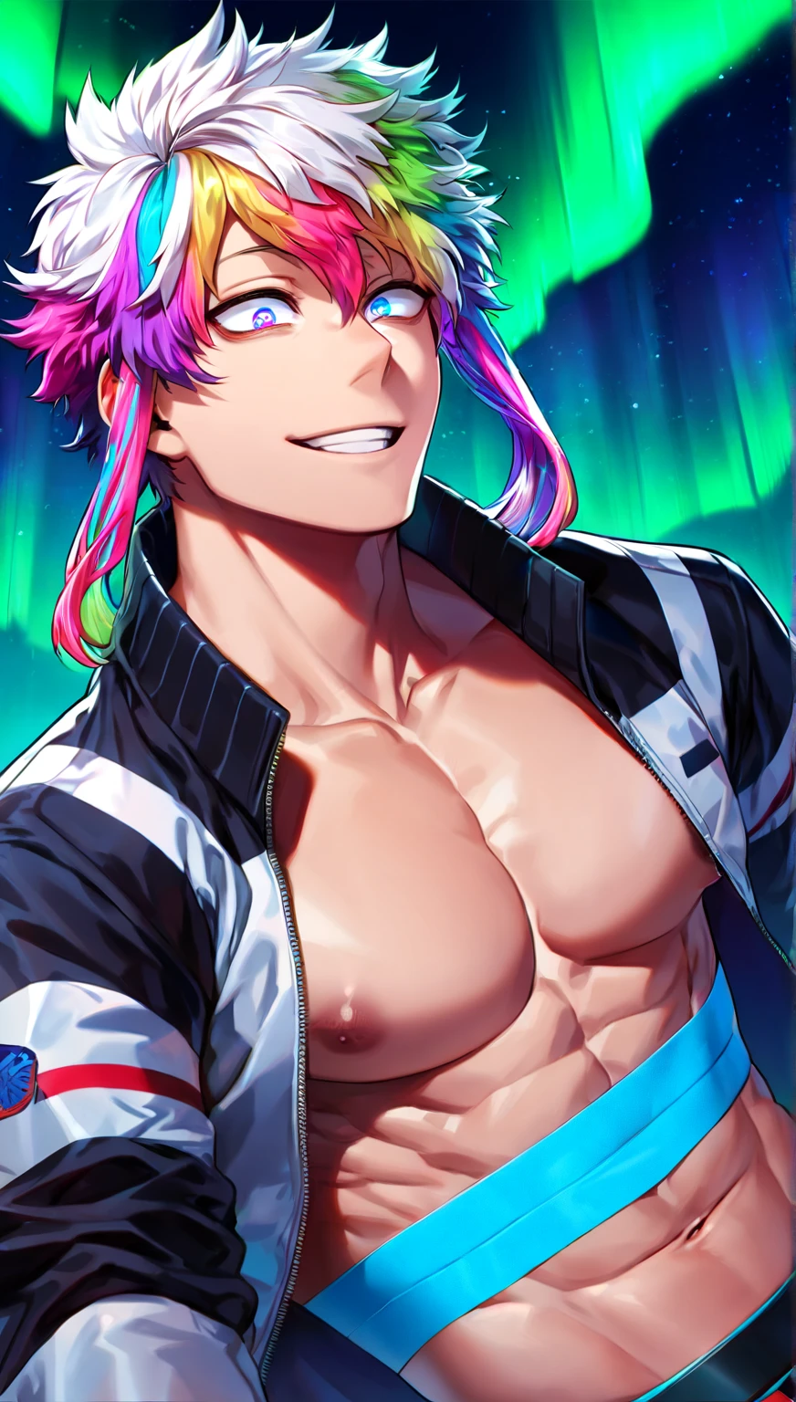 1boy,male focus,jacket,pectorals extremely masculine muscular character, ripped clothes, shirtless, huge bulge, ,solo,shirt,open jacket,open clothes,short hair, rainbow male,rainbow hair, compressing the pectorals, growth, clothes explode off character