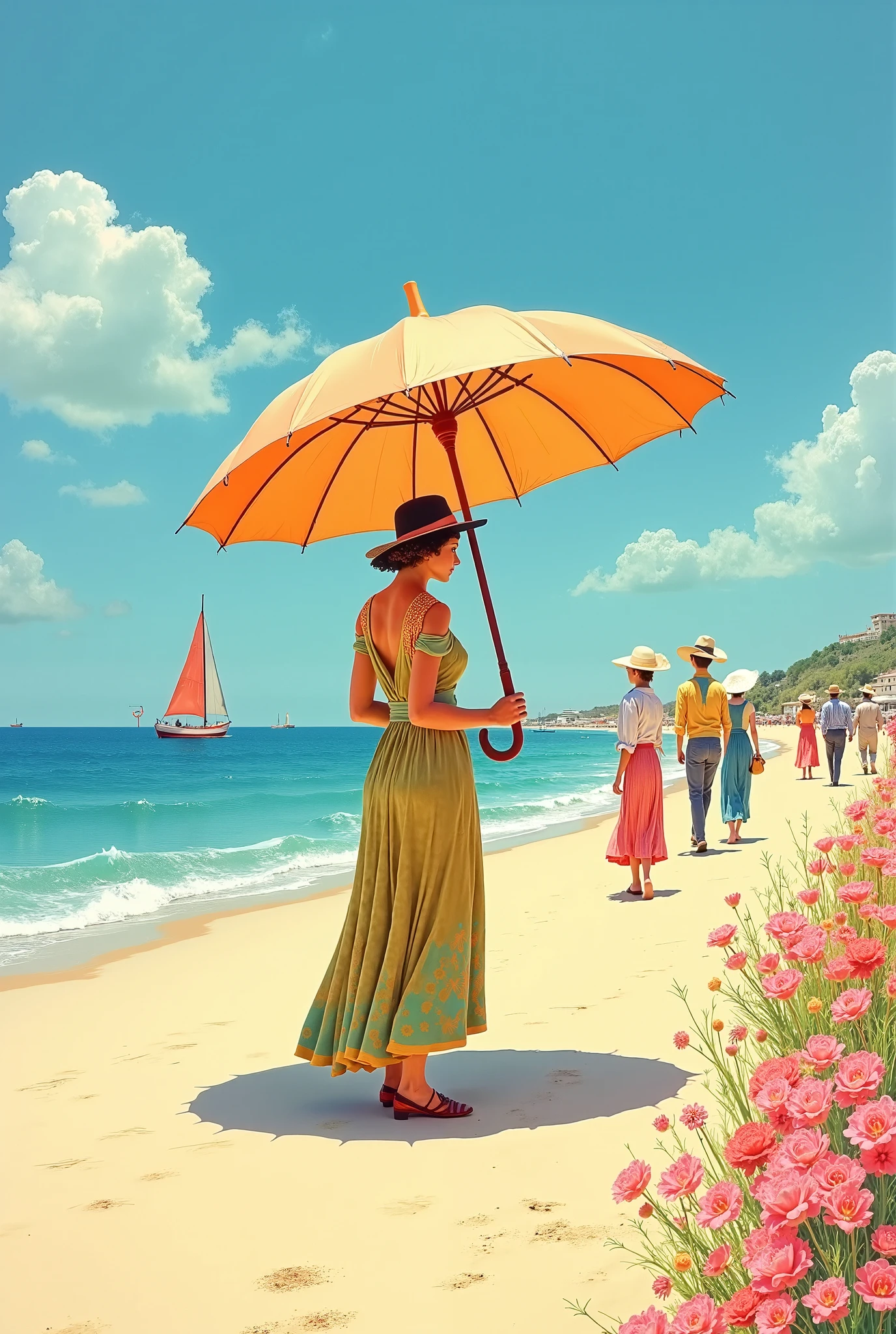 Photo d'un magnifique phare coloré de toute les couleurs sur une magnifique plage de sable remplie de belles fleurs et de magnifiques pins parasols partout, avec des hommes et femmes habillés en vêtements et chapeaux colorés des années 1900, avec la mer à côté et des magnifiques voiliers colorés de toute les couleurs, sur la mer, proche du bord, et un ciel bleu sans nuages avec des mouettes dans le ciel. Vision hyper réaliste et panoramique et en hauteur et en respectant les proportions 