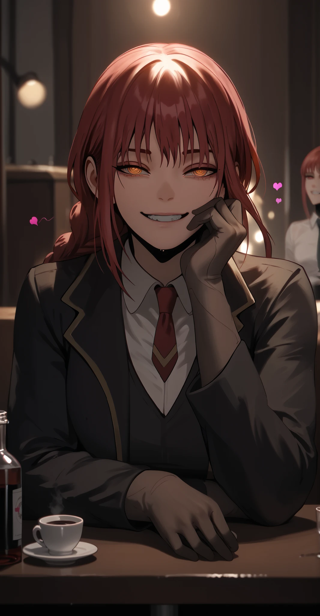 maidoll, score_9, score_8_up, score_7_up, score_6_up, uncensored, Makima, maroon hair, braided ponytail, ringed eyes, yellow eyes, naughty face, shiny skin, sweating, BREAK UHD, retina, masterpiece, accurate, anatomically correct, textured skin, super detail, high details, high quality, award winning, best quality, highres, 4K BREAK, hearts, pleasured, Expressiveh, clenched teeth, elbow gloves, head rest, table, cup, head rest, gloves, necktie, bokeh, spotlight, looking at viewer, half-closed eyes, shaded face,