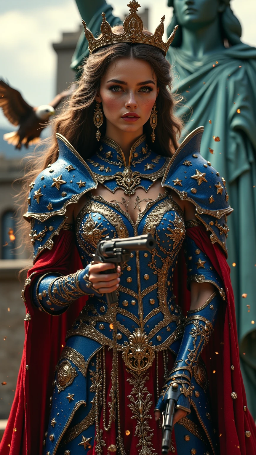 Photo prise avec un Canon EOS R5, objectif 85mm f/1.2, ISO 100, vitesse 1/640s. Une reine sexy en armure sexy et  majestueuse des États-Unis, vue de la tête aux pieds dans une photo ultra réaliste. Son armure arbore fièrement les couleurs patriotiques et le drapeua USA et est ornée de motifs inspirés de l'histoire américaine. Dans une main, elle tient COLT. A ses côtés se tient un pygargue, il vole. Son regard déterminé et son sourire énigmatique témoignent de sa puissance et de sa séduction. Elle se tient devant la Statue de la Liberté, porte des bottes de style américain, elle marche vers le spectateur.