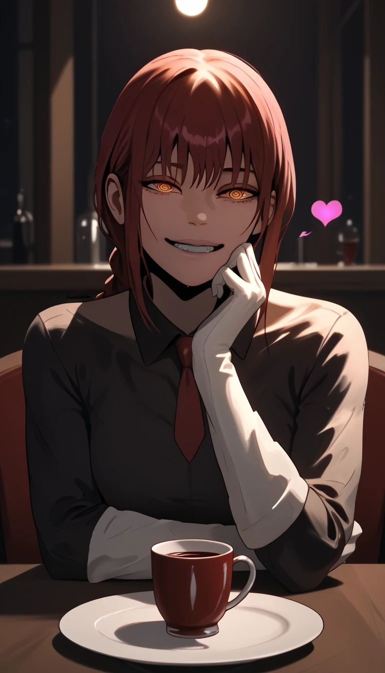 ((Cinematic)), score_9, score_8_up, score_7_up, score_6_up, uncensored, Makima, maroon hair, braided ponytail, ringed eyes, yellow eyes, naughty face, shiny skin, sweating, BREAK UHD, retina, masterpiece, accurate, anatomically correct, textured skin, super detail, high details, high quality, award winning, best quality, highres, 4K BREAK, hearts, pleasured, Expressiveh, clenched teeth, elbow gloves, head rest, table, cup, head rest, gloves, necktie, bokeh, spotlight, looking at viewer, half-closed eyes, shaded face,