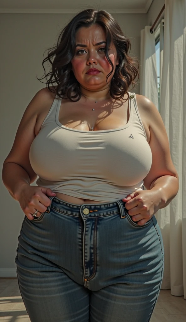 ((best quality)), ((masterpiece)), (detailed), perfect face, araffe woman in a long dark-blue shirt and blue denim skirt walking down a street, thicc, wavy short hair , she has a jiggly fat round belly, bbwchan, wearing tight simple clothes, skinny waist and thick hips, widest hips, her belly is fat and round, soft curvy shape, hyperrealistic full figure, wearing a cute top, wide hips, wearing 10 bracelet , wearing huge diamond necklace