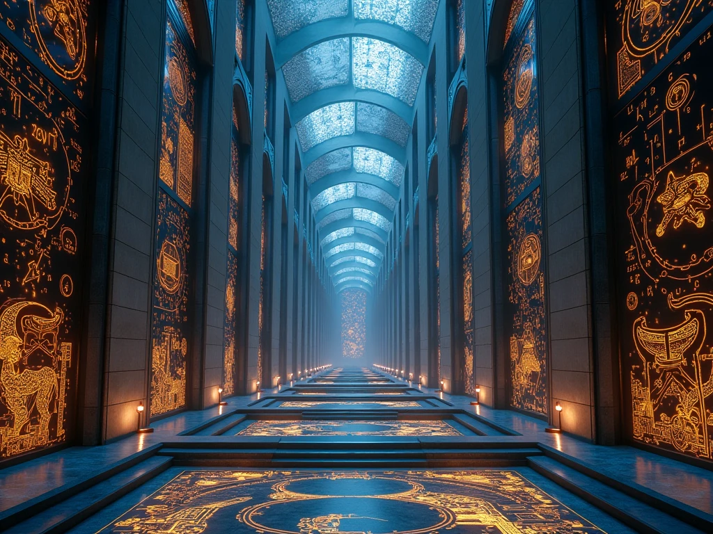 An AI cathedral with changing geometry, infinite staircases and holographic stained glass windows depicting impossible equations and mechanical mythological beasts, illuminated in shades of gold and cobalt blue.