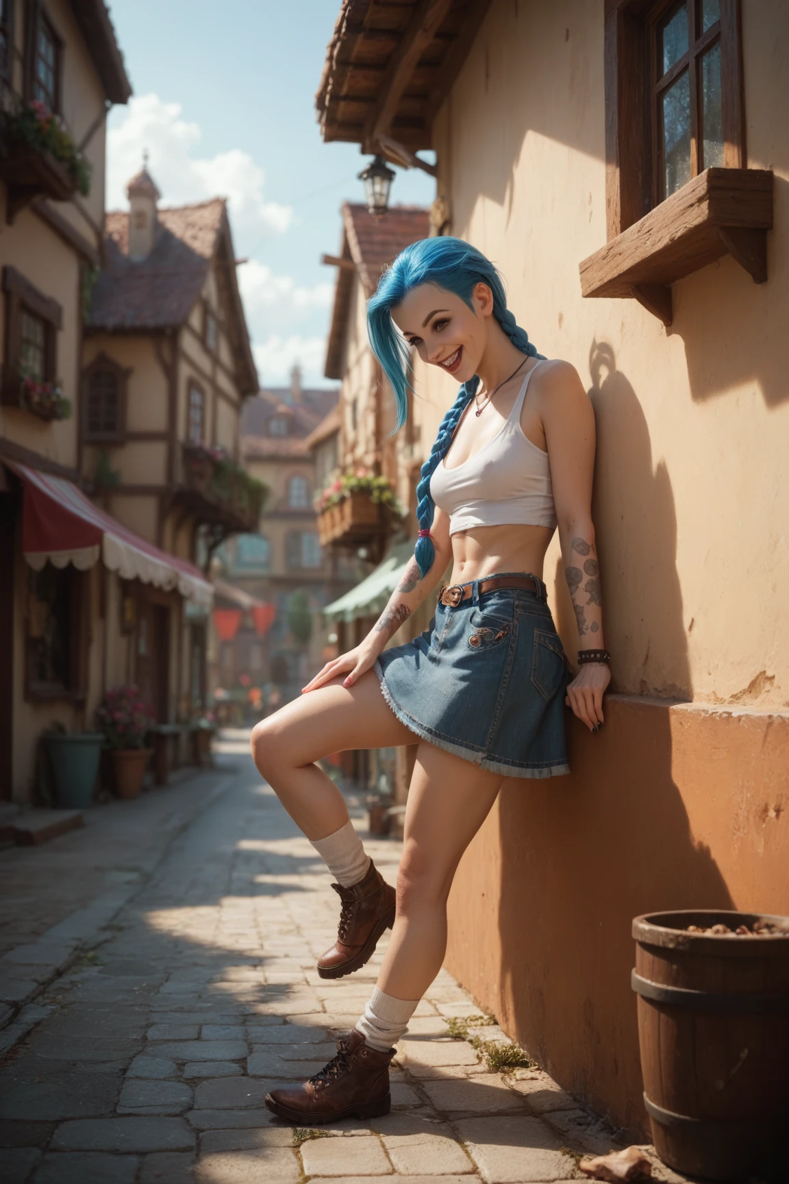 best qualtiy,tmasterpiece,Harley Quinn(Realistic1.2) Photorealistic:2.0)short gym metalic color top and blue satin shorts, drinking coffe on a balcony,full body,blue and purple hair long,Very detailed facial features,Delicate facial expressions,ssmile,Colorful Mimi,taut skin,clothed body,Standing up,short neoprene boots 1.2,full body